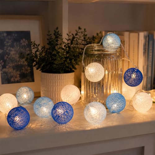 ZingBox Baumwollkugeln Lichterkette 2M 10 LED Cotton Ball Lichterketten Weiß Blau und Dunkelblau Lichterketten Batteriebetrieben für Jungen Kinderzimmer Hochzeit Weihnachten Party Innen Deko