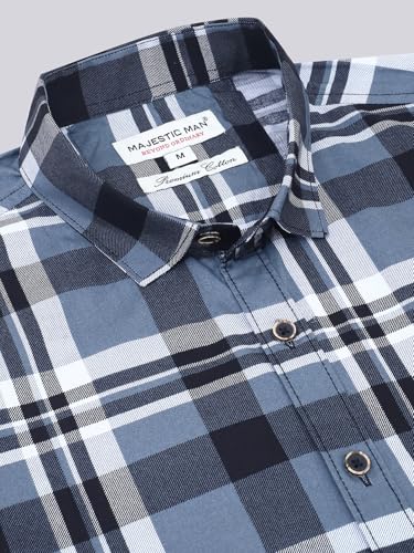 Image of Majestic Man Men Comfort Slim Fit Checked Pure Cotton Half Sleeve Casual Shirt