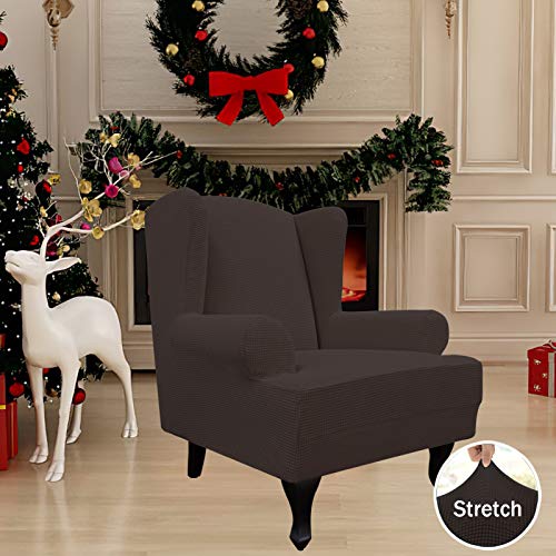 Image of Easy-Going Stretch Large Wingback Chair Sofa Slipcover Chocolate | 1-Piece Sofa Cover Furniture Protector Couch Soft with Elastic Bottom, Spandex Jacquard Fabric Small Checks