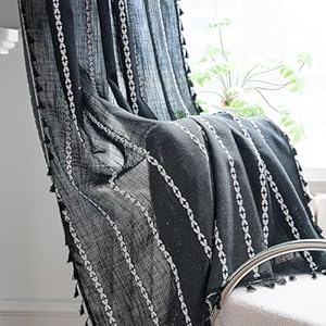 Sutuo Home Black Boho Curtains for Bedroom Living Room Semi Blackout Linen Farmhouse Tassels Window Treatment Bohemian Embroidery Drape for Halloween Decor Rod Pocket 1 Panel 52 W x 72 L