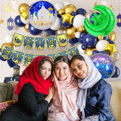 Image of Rozi Decoration Eid Mubarak Decoration Items with Eid Mubarak Foil Balloons, Moon & Star Foil Balloons for Eid Al Adha Mubarak Decorations| Bakrid Mubarak Decoration Pack of 55 Pcs