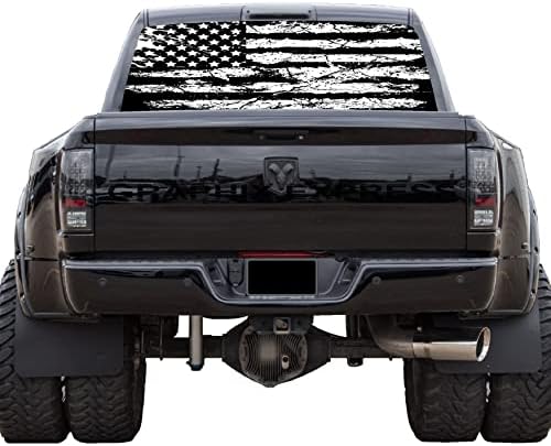 GRAPHIX EXPRESS Truck Back Window Graphics - Black and White American Flag Decal (P531 - Patriotic USA Flag - Universal See Through Rear Window Vinyl Wrap - Full Window Decals for Trucks