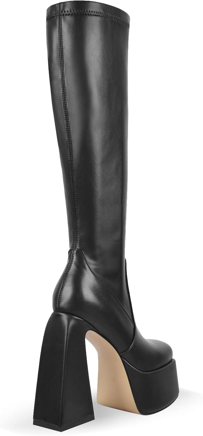 richealnini Women Square Toe Block Heeled Knee High Boots