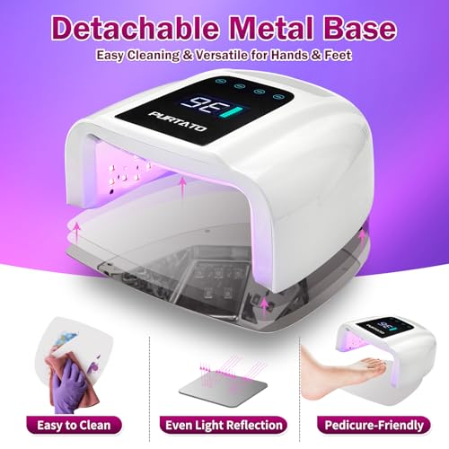 Image of PURTATO Professional Rechargeable 96W UV LED Portable Cordless UV Light for Nail Lamp Machine with Removable Stainless Steel Bottom,4 Timer Setting and Smart Sensor Nail Dryer (White)