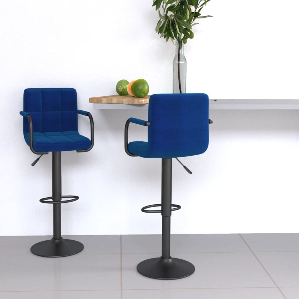 Taburete de bar de 2 unidades, tela azul con respaldo, reposabrazos, altura regulable y giratoria, acero con recubrimiento en polvo, reposapiés, ideal para cocina, comedor, bar y mostrador