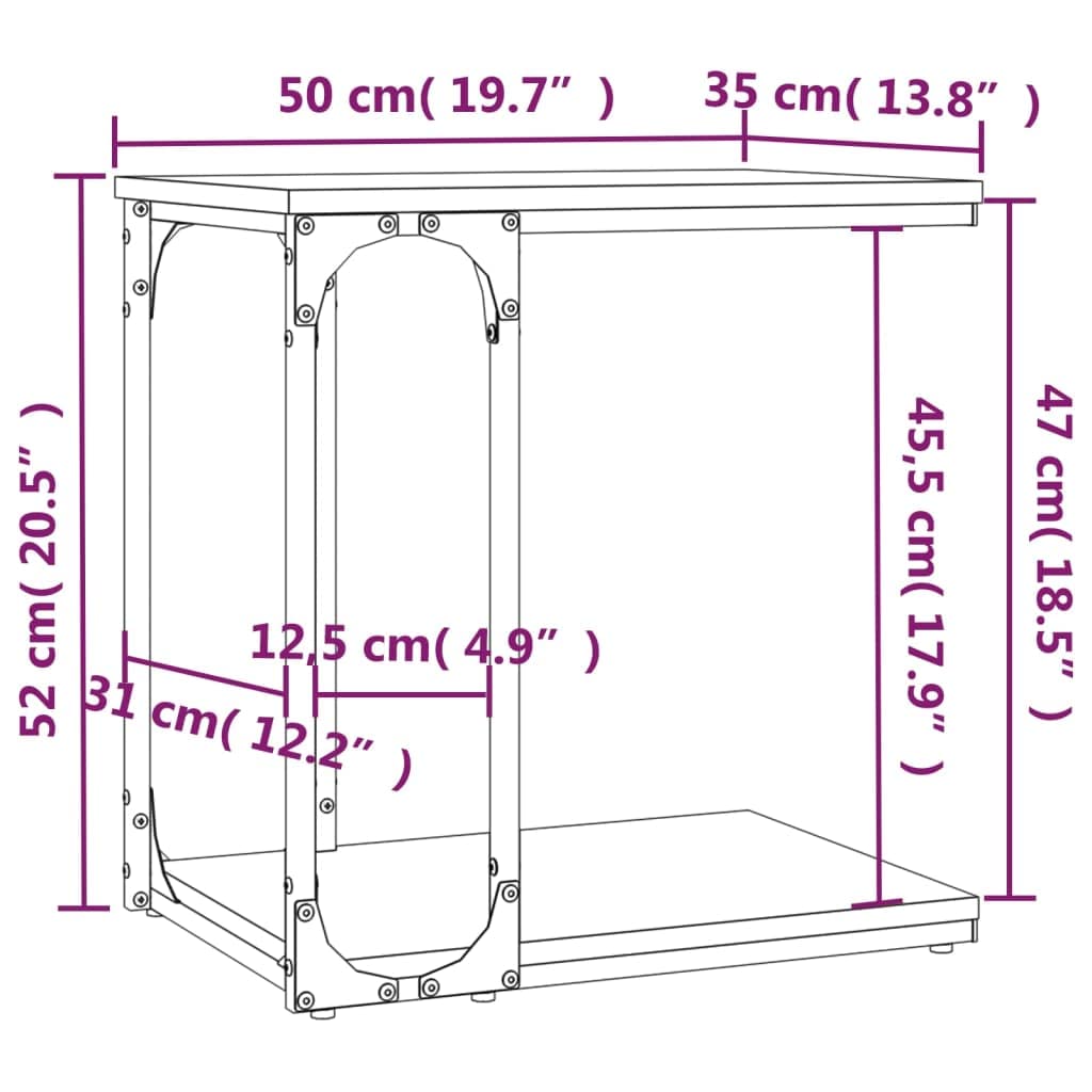 Mesa auxiliar Sonoma gris 50 x 35 x 52 cm, madera con forma de C, marco de acero estable, mesa de centro para salón, dormitorio, práctico espacio de almacenamiento