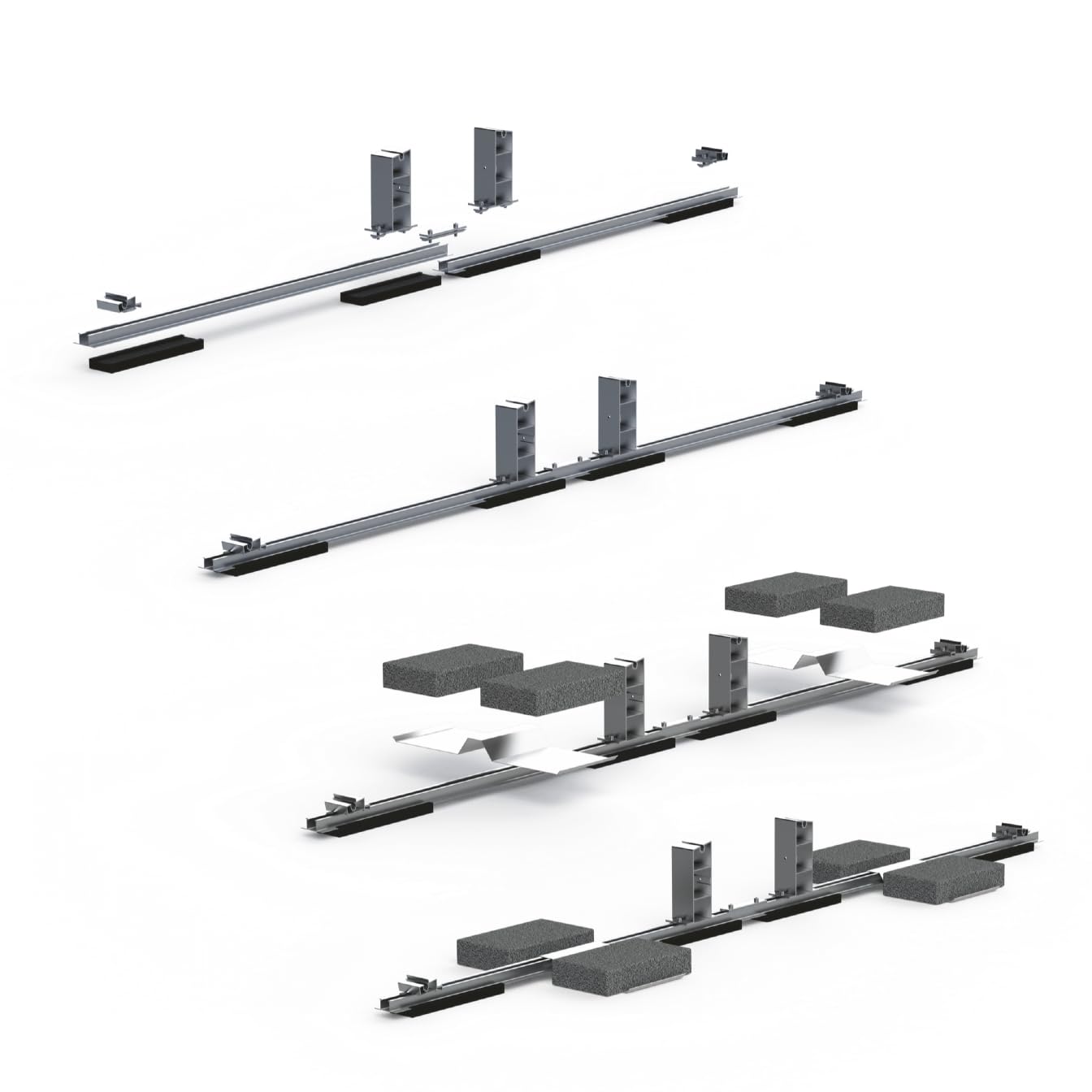 Montage-Set Flachdach 4 PV-Module Ost-West/Süd | Alu Befestigungssystem mit Schienen und Klemmen | 0% MwSt gemäß §12 Abs.3 UStG