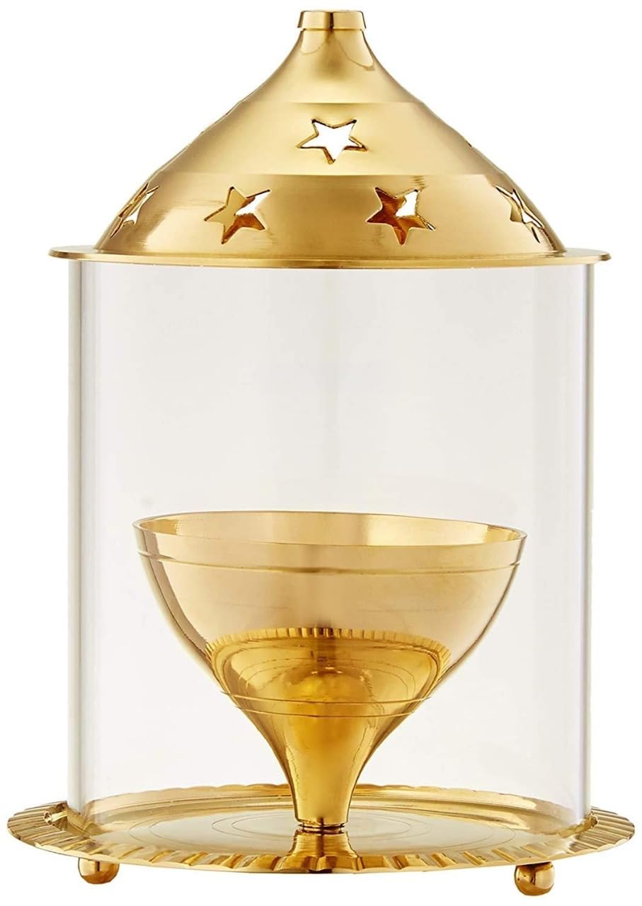 Lampada a olio Diya in ottone con copertura in vetro – Tradizionale Puja Deepak per casa e tempio – Fiamma durevole con elegante design a stelle