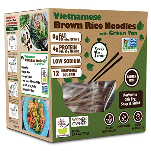 Rice Noodles, Brown Rice Noodles, Ramen Noodles Alternative, Non-GMO, Pad Thai Noodles, Star Anise Foods (Brown Rice Noodles with Green Tea, 12 servings)