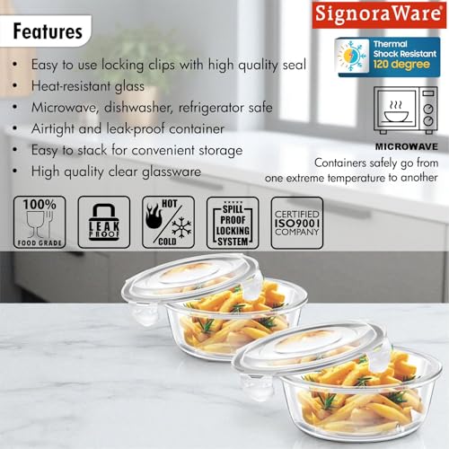 Image of Signoraware Safe Store Glass Round Containers | Airtight & Leakproof | Microwave Safe | Ideal for Reheating, Baking or Serving, Office Lunch & Outdoor Activities (400ml+620ml | Setof2 | Clear)