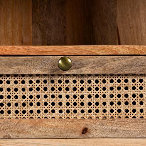 Image of Wooden Bedside Table for Bedroom with Drawers | Solid Wood Safor Rattan Bed Side Table with Drawers | Side Table for Living Room | Traditional Chest of Drawer for Home (Natural)