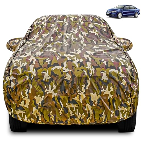 Image of FABTEC Car Body Cover for Volkswagen Vento Jungle Print with Soft Cotton Lining Waterproof Car Cover UV & Rain Protection with Mirror Pocket Bottom Elastic (Military /Camouflage Pattern)
