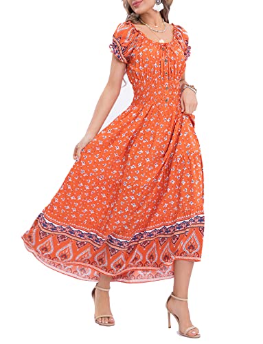 Image of OSTOO Women's Floral Maxi Dress Boho Summer Short Sleeve Smocked Waist Tiered Long Dress