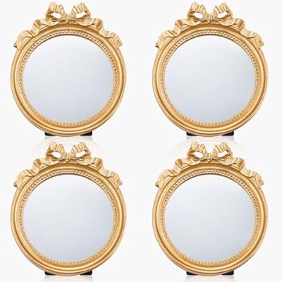 Threehoney 2 Pack Small Vintage Gold Mirror 4.1" Round Portable Bow Mirror for Women Make up Dressing Bedroom Table Decoration