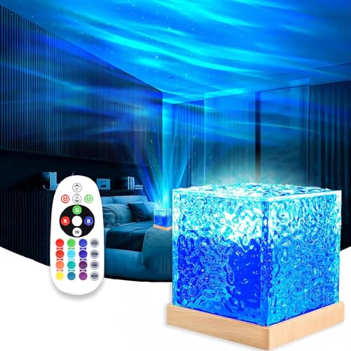 LEKEONE Ocean Wave Projector Light 16-Color Luminorthe Cube Lamp and App Remote 3D Holographic Water Ripple Romantic Ambient Lighting for Childs Room Party Night Light-4.4inch (Blue)