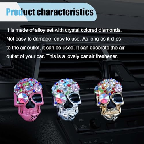 Image of 3PCS Bling Skull Car Air Condition Vent Clip, Colorful Diamond Car Diffuser Vent Clip, Car Air Conditioner Decoration Clip, Funny Horror Car Interior Accessories for Women Girls