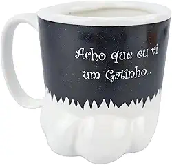 Caneca De Porcelana 3D Formato Patinha De Gato Preta Com Frase 350ml