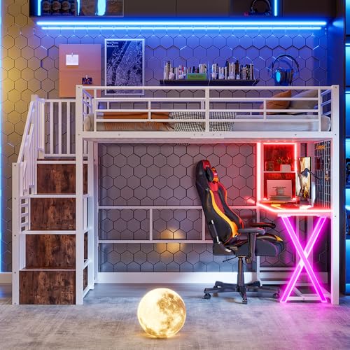 LED Hochbett 90x200 cm mit Schreibtisch, Bücherregal, Treppe und Kleiderschrank, Etagenbett mit Lattenrost, Funktionsbett Metallbett Spielbett Kinderhochbett Jugendhochbett, ohne Matratze, Weiß