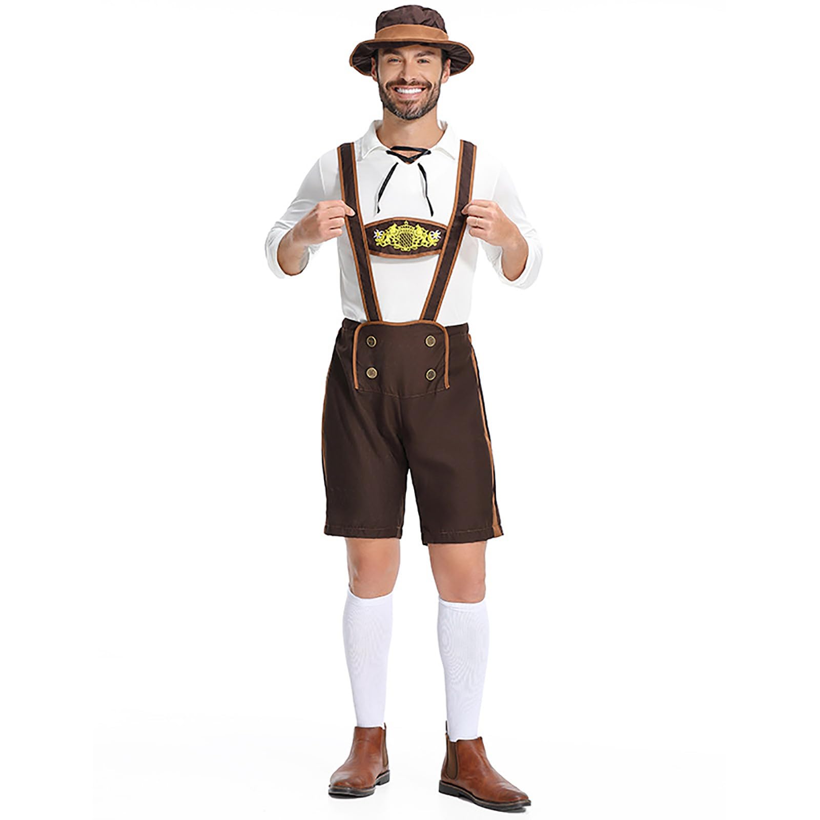 Mens Bavarian Costume- Brown Lederhosen Style Trousers with Traditional White Shirt and Brown Hat - Oktoberfest Fancy Dress for German Beer Festival Halloween Christmas Celebrations