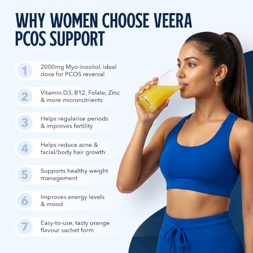 Image of Veera PCOS Support with Clinically-Approved 2000mg Myo-Inositol | Aids Regular Periods & Fertility| Helps Reduce Acne, Mood Swings & Facial Hair| Supports Weight Management| Vitamin D3, Folate & 12 Essential Multivitamins| 90 Orange Flavour Sachets