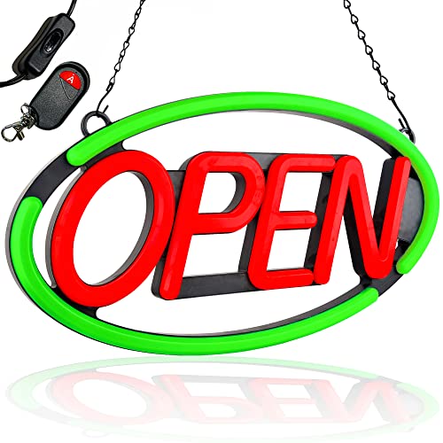 Large Open Sign for Stores - Ultra Bright LED Open Neon Sign for Business w/ Key Fob Remote Control - Animated Flashing LED Open Signs, Unique Oval Jumbo Open Shop Light (24" x 12" Oval, Red & Green)