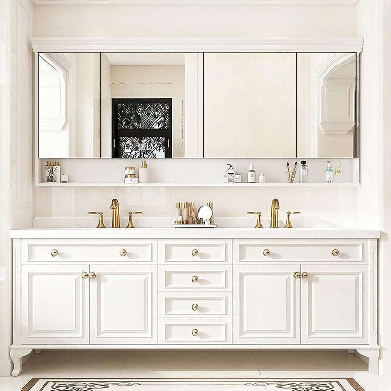 48-92IN Single/Double Sink Bathroom Vanity, Defogging Smart Mirror, Modern American Free Standing Vanity with Bathroom Cabinet(Vanity&Mirror Storage, White, 92" Double Sink)
