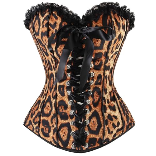Charmian Women's Leopard Print Front Lace-Up Corset Bustier Top with Lace Trim