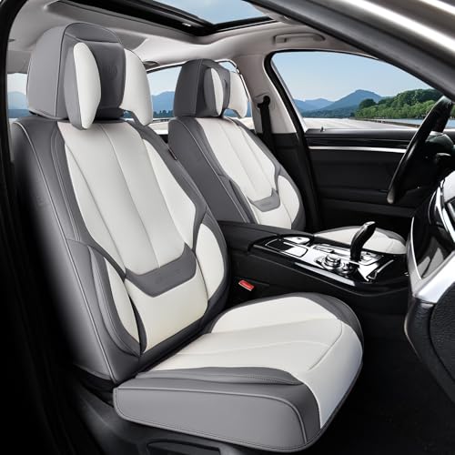 Image of Coverado Seat Covers, Car Seat Covers Front Seats, Car Seat Cover, Car Seat Protector Waterproof, Seat Cushion Nappa Leather with Head Pillow, Carseat Cover Universal Fit for Most Cars (Gray&White)