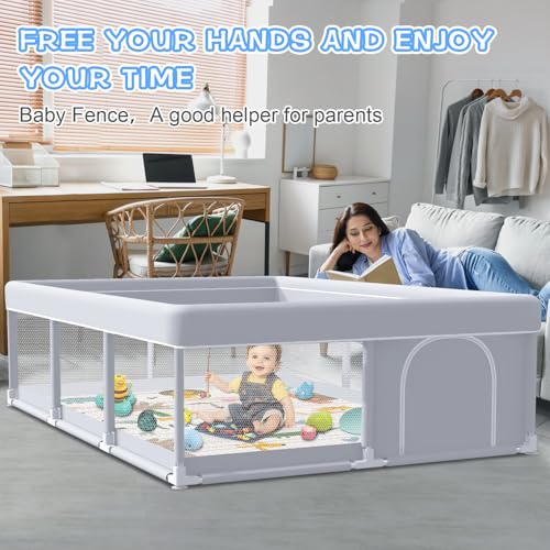 Image of XVISHX Baby Playpen with Mat, 74 x 50 Inch Playpen for Babies and Toddlers, Baby Playard for Indoor & Outdoor Active Center Game Fence, with Skin-Friendly Fabric and Soft Breathable Mesh, Grey