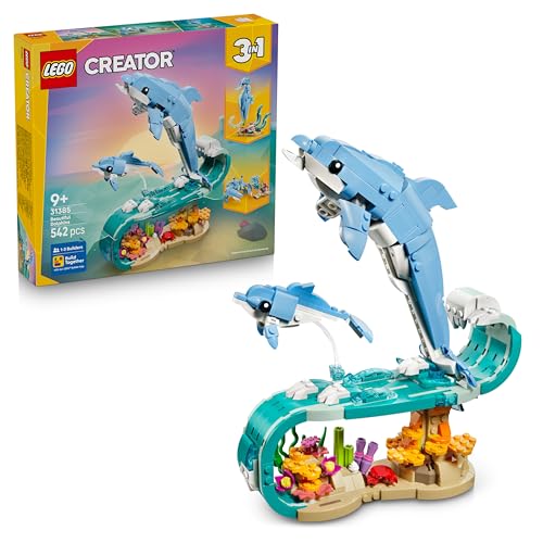 LEGO Creator 3 in 1 Animali Marini: Meravigliosi Delfini Giocattolo - Si Trasforma in Cavalluccio Marino o in Granchio - Decorazione Camera da Letto - Regalo per Bambine e Bambini da 9 Anni - 31385