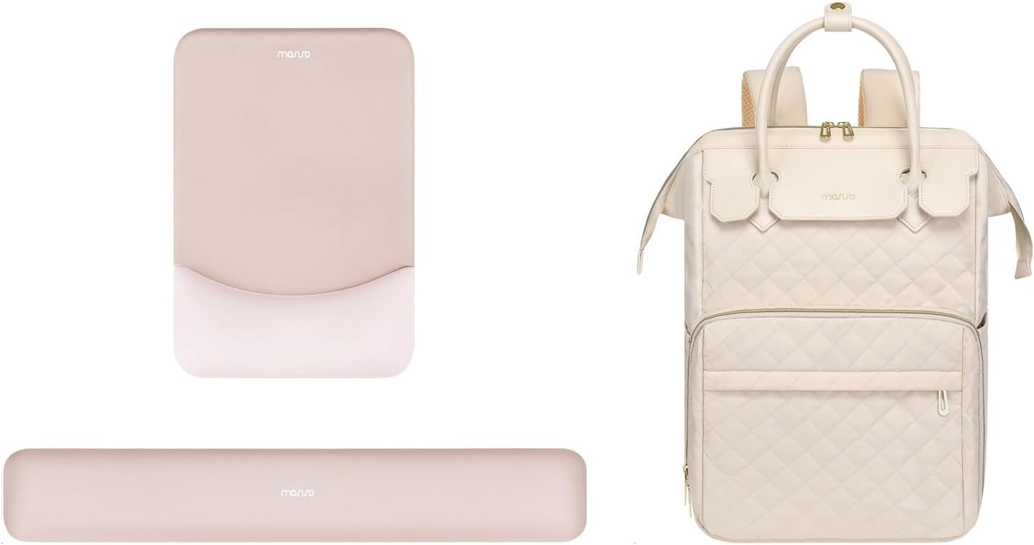 MOSISO 15-15.6 inch Laptop Backpack&Wrist Rest Support for Mouse Pad&Keyboard Set,Rectangular Ergonomic Mousepad Non-Slip Base Home/Office Easy Typing Pad with Raised Curved Memory Foam,Apricot&Beige