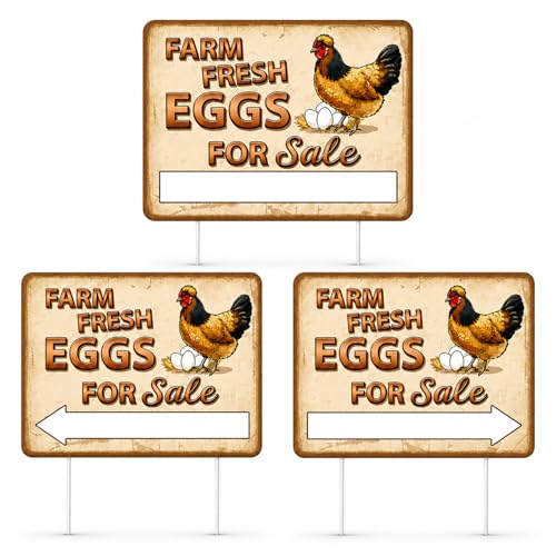 Grifonv Eggs for Sale Sign - 3 Pack Double-Sided Corrugated Plastic Yard Signs with 6 Stakes Waterproof UV-Resistant Cartoon Fresh Eggs Sign 14.37 x 11.22 in
