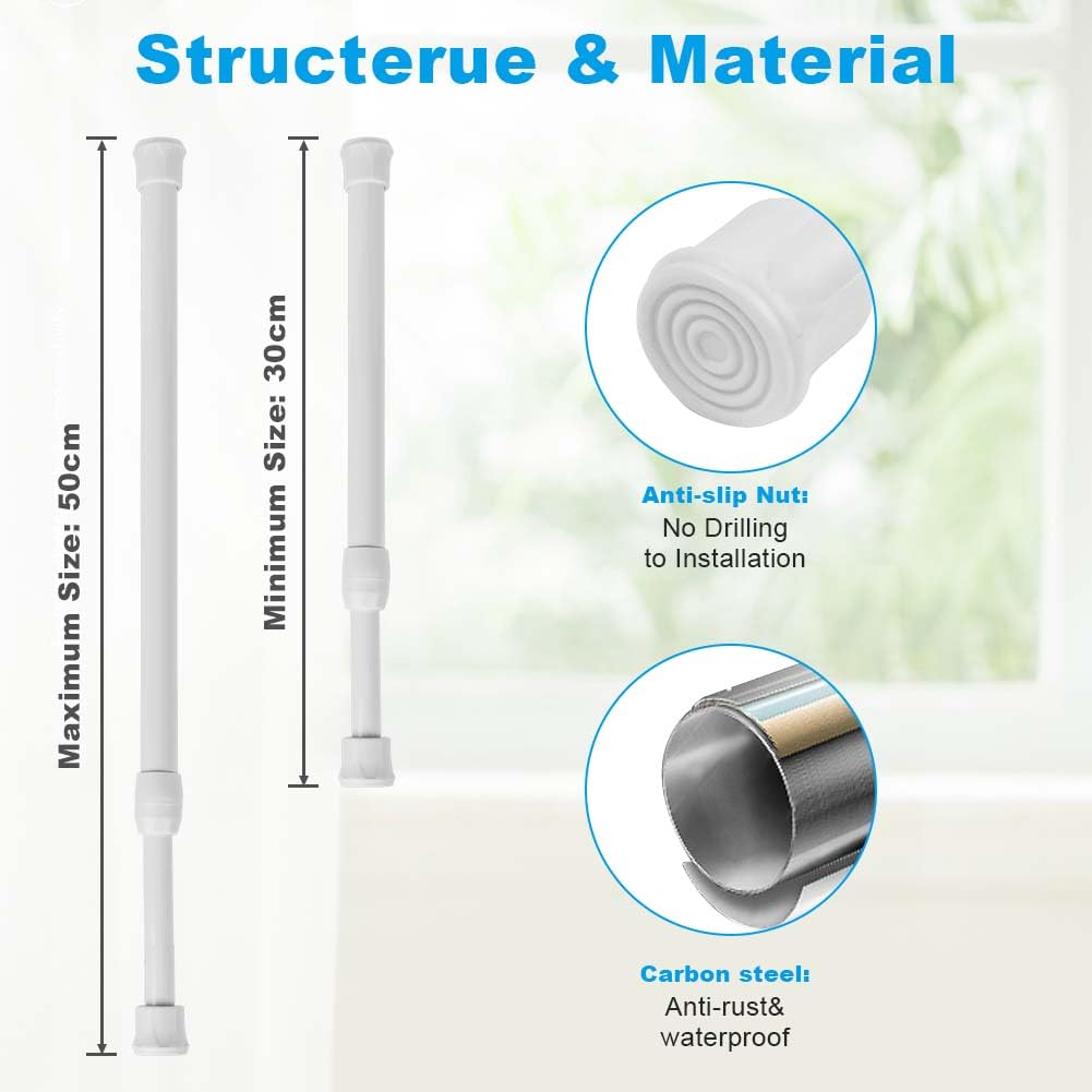 HOTUT Bastone per Tende Estensibile, Asta Tenda Telescopica Fissaggio Senza Trapano né Viti, 6 Pezzi Bastoni per Tende Lunghezza 30-50 CM, Utilizzato Come Asta per Tende/Diy Ripiano, Bianco