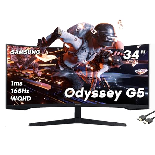 Image of SAMSUNG 34 inch Odyssey G5 Ultra-Wide Gaming Monitor, 1000R Curved, 165Hz, 1ms, FreeSync Premium, WQHD, Black, with MTC HDMI Cable