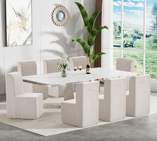 Image of 9-Piece Extendable Dining Table Set for 8, Modern 63 inch-94 inch White Marble Expandable Kitchen Table Set with 8 Sofa Chairs,Large Extendable Dining Room Tables with Mirrored Columnar Base