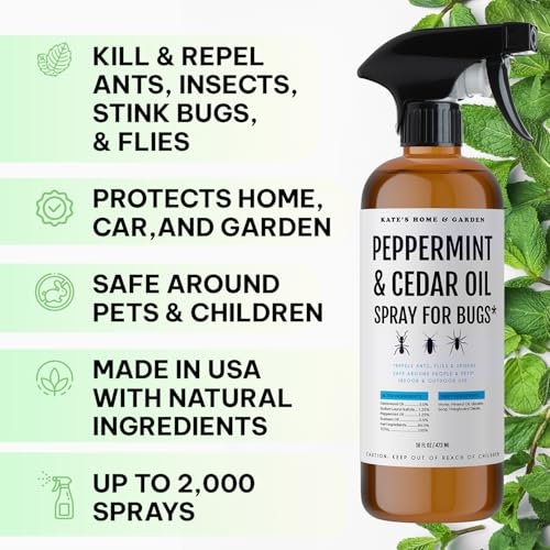 Image of Kate's Home & Garden Peppermint Oil Spray for Bugs, Ants, Insects, Spiders, Roaches, Stink Bug. Pesticide and Insecticide Indoor Repellent Pest Control with Cedar Oil (16oz, Natural, Non Toxic)
