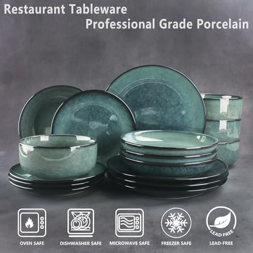 Image of Ceramic cutlery set, 16 pieces, 4-serving, modern style, includes salad plate and cereal bowl, microwave and dishwasher safe, misty green.