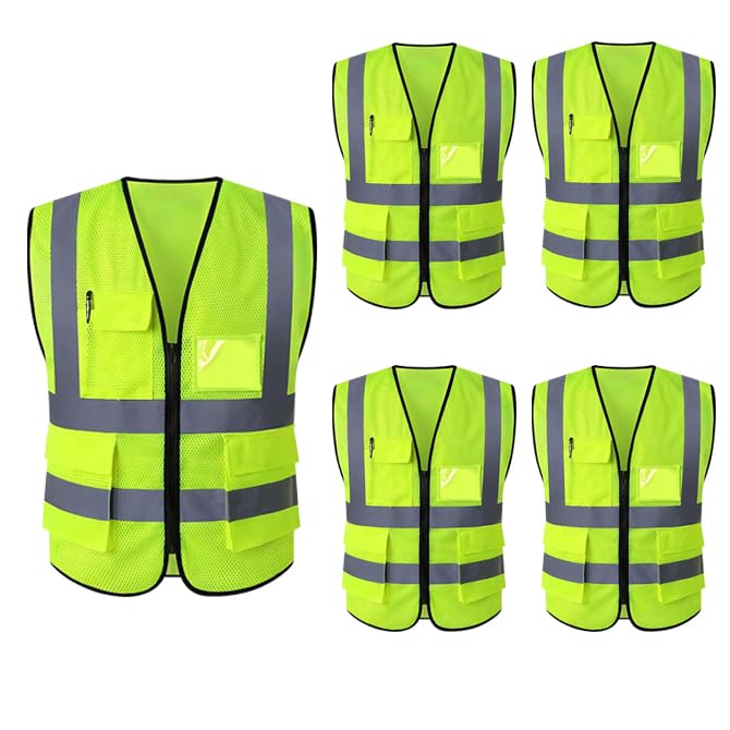 Image of STONIX High Visibility Safety Jacket for Men - Reflective Work Vest with Pockets, Breathable & Durable for Construction, Industrial & Outdoor Work, (Green, Pack of 1,2,5)