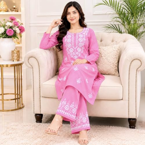 Image of Women's Chikankari Embroidered Straight Kurta with Palazzo Set, Traditional Kurti Bottom Set |Round Neck Full Sleeve Outfit for Daily,Office, Festive & Casual