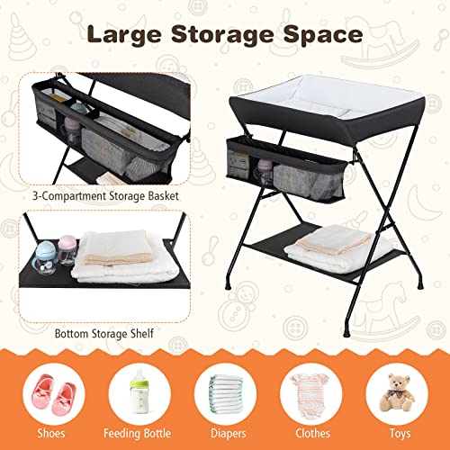 Image of GLACER Baby Changing Table, Portable Diaper Changing Station with Large Storage Basket & Shelf, Waterproof Surface, Non Slip Foot Covers, Mobile Foldable Nursery Organizer for Infant (Black)