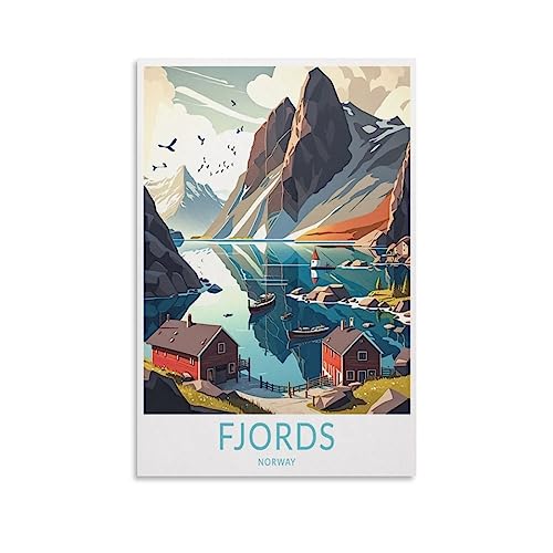 Fjords Norway Poster vintage de voyage paysage 20 x 30 cm Impression sur toile pour salon, chambre, dortoir, maison, bureau, décoration murale
