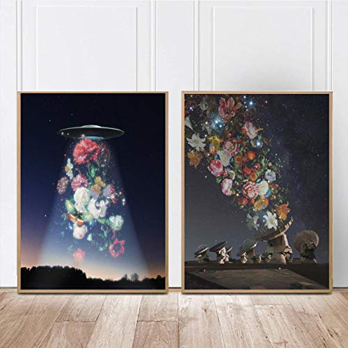 Affiche rétro nordique surréalisme fille fleur déco salon 50x70cm lot de 2