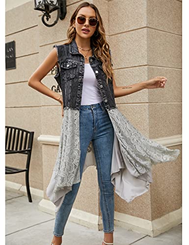 Qibabu Mid Long Denim Vest For Women Lace Crochet Patchwork Sleeveless Distressed Jean Jacket (0986-Black-Xl-Qb) #TOP4