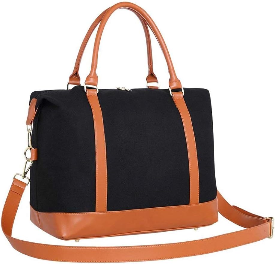 Women Weekend Bag, Canvas Travel Holdall Overnight Shoulder Duffle Bag for Women and Men Travel Weekender Tote Carry On Handbag Bag with Trolley Sleeve PU Lether Handle