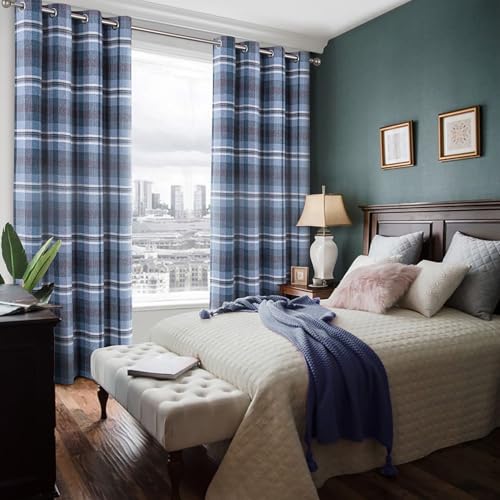 always4u Woolen Look Check Curtains 100% Blackout Highland Tartan Curtain for Living Room Bedroom Grommet Lined Window Drapes 2 Panels Navy Blue 45 * 84 Inches