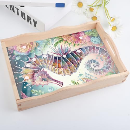 Image of AiYuanzsh 5D Diamond Art Tray with Handle for Adults DIY Diamond Art Plate Kits Seahorse Picture Diamond Art Painting Dinner Plate for Coffee Living Room Home Organizer Parties Family Gatherings