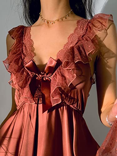 Milumia Women's Satin Lace Chemise Nightgown Bow Tie Ruffle Swiss Dots Lingerie Dress Sleepwear Rust Brown Small #TOP2