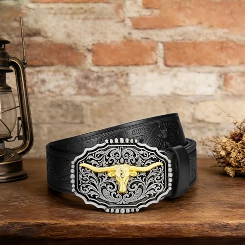 Image of Mens Western Cowboy Cowgirl Faux Leather Belt Longhorn Bull Pattern Letter Big Buckle Embossed Floral Belts