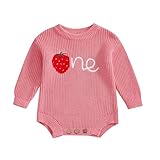 Baby Mädchen 1. Geburtstag Strampler Strickpullover Langarm Rundhalsausschnitt Erdbeere Stickerei Strick Bodysuit Baby Ein Jahr Pullover Geburtstag Fotoschooting Outfit (Rosarot, 9-12 Monate)