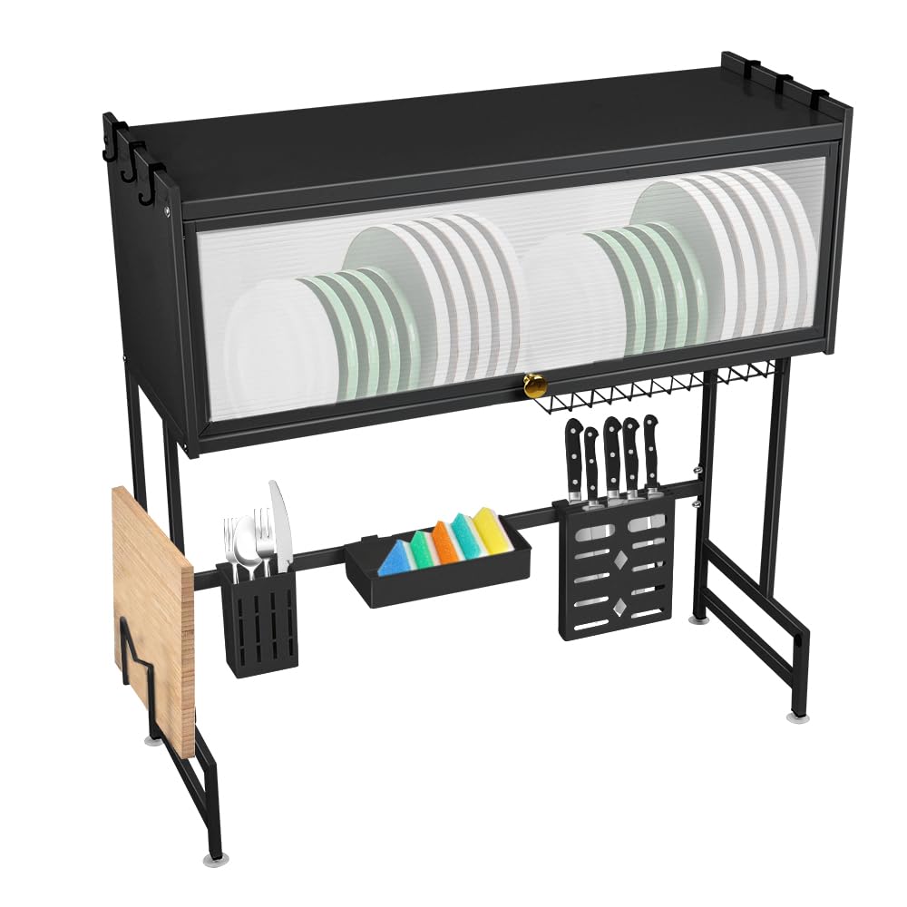 Escurreplatos sobre Fregadero de 2 Niveles, Escurridor de Platos de Acero al Carbono, Dish Drying Rack con Porta Cubiertos, Bandeja de Drenaje Automático y Diseño Ahorra Espacio(65cm Negro)